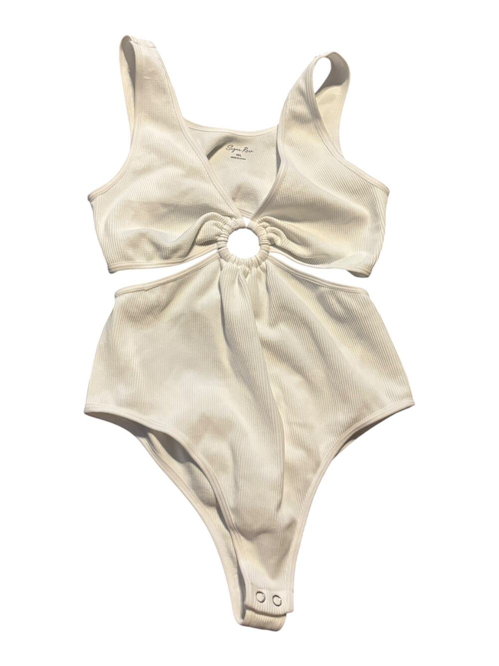 Sugar Rain White Ribbed Bodysuit NWOT Size M/L